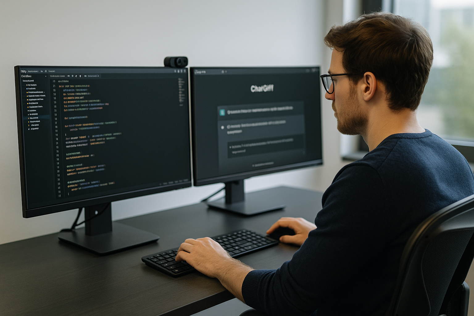 Web developer codes behind computers